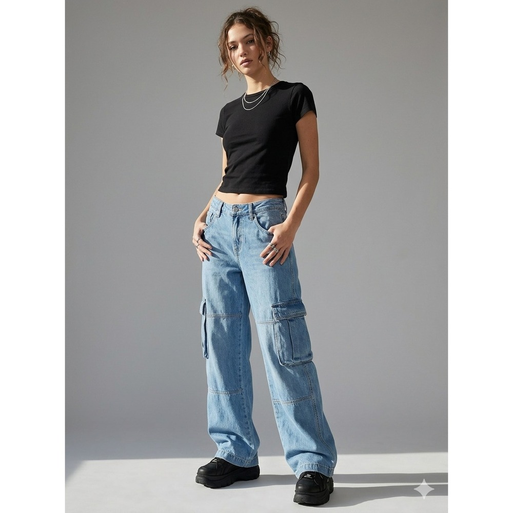 Grunge Y2K Lantern Baggy Wide Leg Cargo Jeans Blue Denim Size 29x31.5 Long Retro